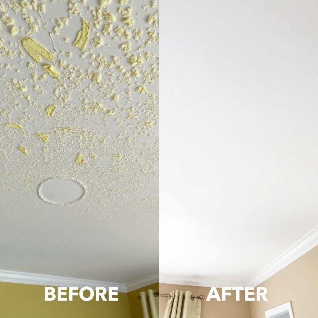 Before and after popcorn ceiling removal in a Green Bay home