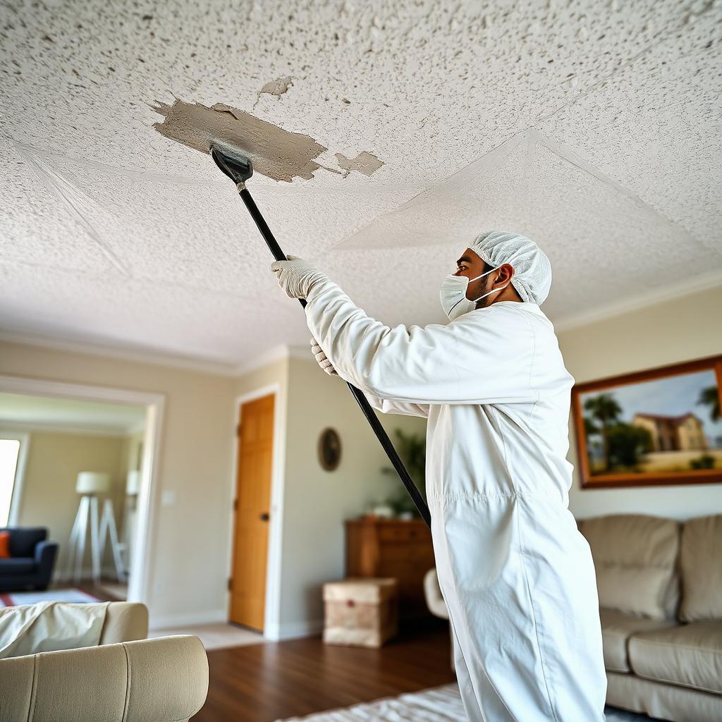 Bay Ceiling Pros technician removing popcorn ceiling with dust containment in Green Bay